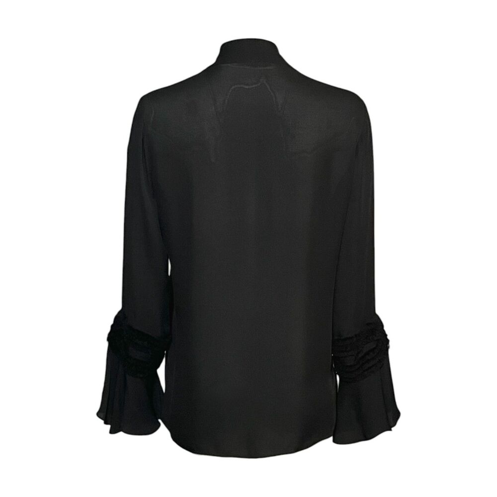 Kobi Halperin Silk Blouse Black Tie Neck Sheer Fringe Bell Sleeve Size M - Picture 3 of 9